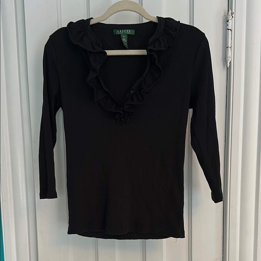 Lauren Ralph Lauren Black Ruffled 3/4 Sleeve Blouse